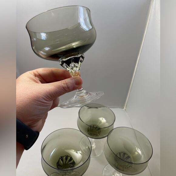 4 Sasaki‎ Coronation Smoke Grey Glass Champagne Coupe Cocktail Dessert - Picture 1 of 7